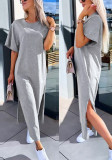 Solid Short-Sleeved Slit Casual Long Dress