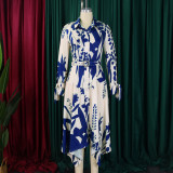 Chic Print Turndown Collar Long Sleeve Belted Irregular Shirt Dress