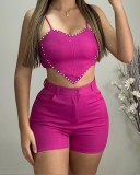 Sexy Rhinestone Heart Shape Cami Tank Top High Waist Shorts 2PCS Set