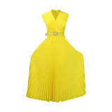 Sexy Solid Sleeveless Ruffle Pleated Maxi Dress with Belt