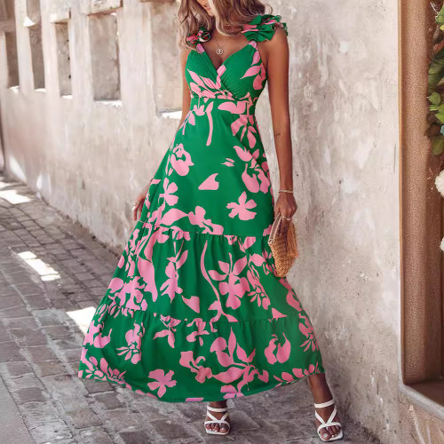 Print Green Floral Ruffle Straps Maxi Dress