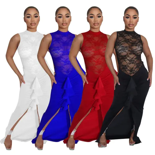Sexy Lace Bodice Slit Ruched Ruffle Maxi Dress