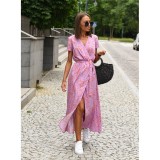 Printed Slim Tie Waist V-Neck Short Sleeve Maxi Dress