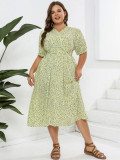 Plus Size Printed Floral V-Neck Short Sleeve Casual Dress with Belt