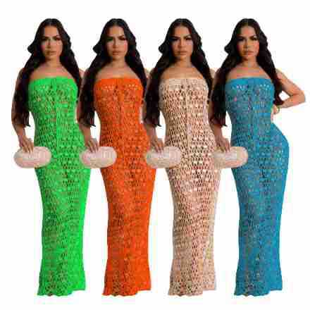 Knitting Strapless Sequined Hollow Out Long Beach Dress