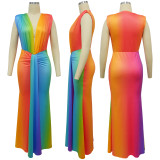 Fashion Sleeveless Printed Sexy Plunge Neck Slim Maxi Dress