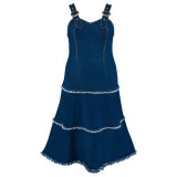 Plus Size Denim Suspender Fashion A-Line Long Dress