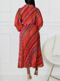Turndown Collar Sexy Printed Puff Sleeve Pleated Maxi Dress