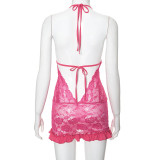 Sexy See-Through Lace Halter Neck Deep V Hollow Lace-Up Mini Dress