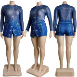 Plus Size Printed Mesh Bodysuit Skirt 2 Piece Set