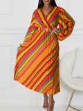 Turndown Collar Sexy Printed Puff Sleeve Pleated Maxi Dress