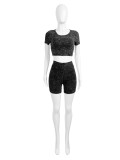 Wholesale Solid Cotton Blending Short Sleeve High-Waisted 2PCS Shorts Set