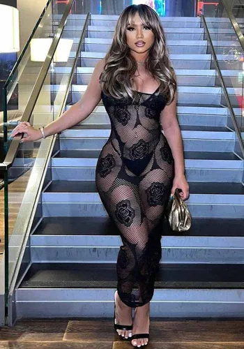 Sexy Cami Black See-Through Hollow Jacquard Long Dress