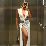 Solid Sexy Deep V Hollow Sleeveless Slit Slim Long Dress
