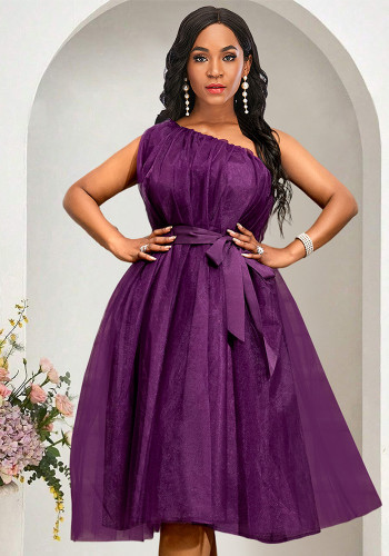 Purple One Shoulder Mesh Belted Party Dress