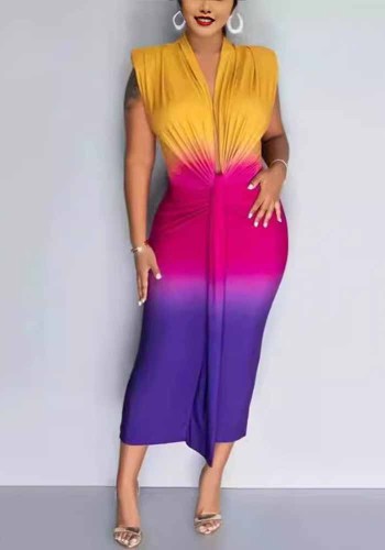 Gradient Printed Deep V-Neck Sleeveless Midi Bodycon Dress