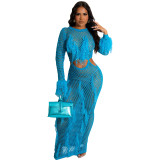 Knitting Hollow Out Full Sleeve Tassel Long Beach Dress