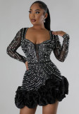 Beaded Long Sleeve Square Neck Ruffle Hem Club Dress