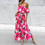 Resort Sexy Off Shoulder Pleated Printed Maxi Dress