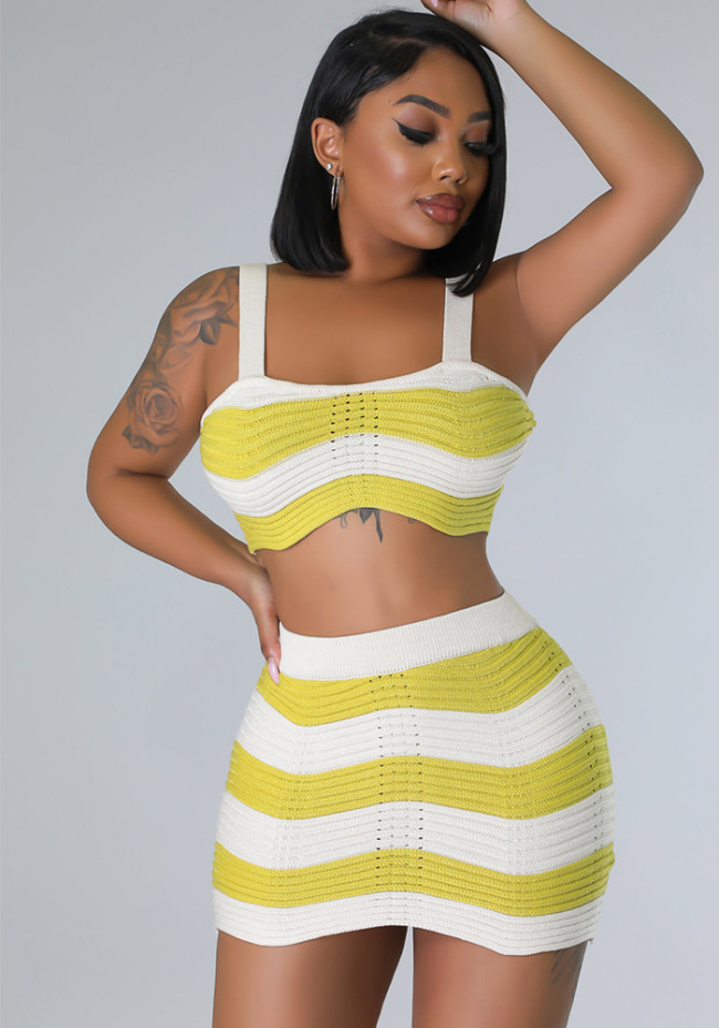 Wholesale Contrast Striped Sexy Knitting Crop Top High Waist 2PCS Skirt Set