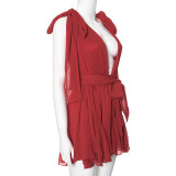Solid Plunge Neck Chiffon Sleeveless Lace-Up Backless Mini Dress