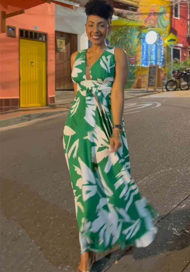 Print Green Bow Decor Tie Waist Maxi Dress