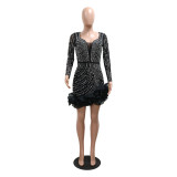 Beaded Long Sleeve Square Neck Ruffle Hem Club Dress