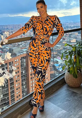 Printed V Neck Half Sleeve Chic Tie Casual Jumpsuit