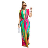Fashion Sleeveless Printed Sexy Plunge Neck Slim Maxi Dress