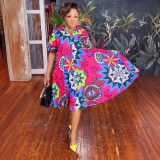 Printed V-Neck Zip Up Short Sleeve Plus Size Loose Dress