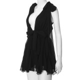 Solid Plunge Neck Chiffon Sleeveless Lace-Up Backless Mini Dress