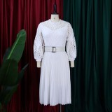 Lace Hollow Out Bodice Sexy Pleated Dress with Belt