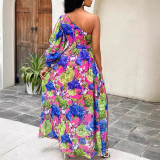 Wholesale Floral Print Slash-Shoulder Long Lantern Sleeve Maxi Dress