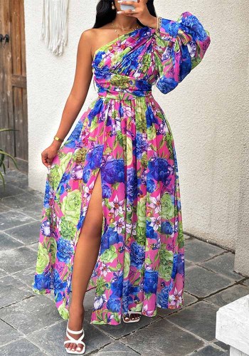 Wholesale Floral Print Slash-Shoulder Long Lantern Sleeve Maxi Dress