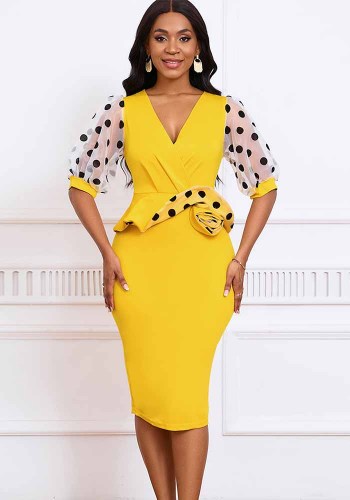 Dotted Mesh Sleeve V-neck Elegant Bodycon dress