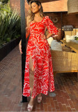 Printed Fashion Slash Shoulder Bubble Half-Sleeve Slit Sexy Maxi Dress