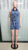Sleeveless Belted Stretch Washed Denim Rompers