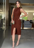 Round Neck Solid Sleeveless Mock Neck Belted Office Dress