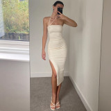 Wholesale Sexy Drawstring Halter Cami Slit Pleated Bodycon Dress