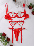 Sexy Lingerie Red Sequin Heart Shape Hollow Garter Three-Piece Bra Thong Set