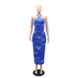 Sexy Halter Cross Neck Low Back Tie Dye Bodycon Midi Dress