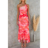 Floral Slash Shoulder Printed Ruffle Stretch Long Dress