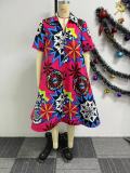 Printed V-Neck Zip Up Short Sleeve Plus Size Loose Dress