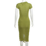 Green Hollow Out Tassel Knitting Irregular Short Sleeve Bodycon Dress