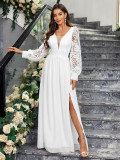 White Elegant V-Neck Low Back Long Sleeve Slit Wedding Dress