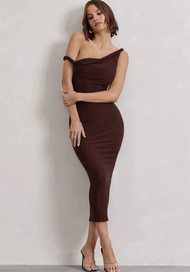 Burgundy Slash Shoulder Bodycon Long Dress