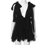 Solid Plunge Neck Chiffon Sleeveless Lace-Up Backless Mini Dress