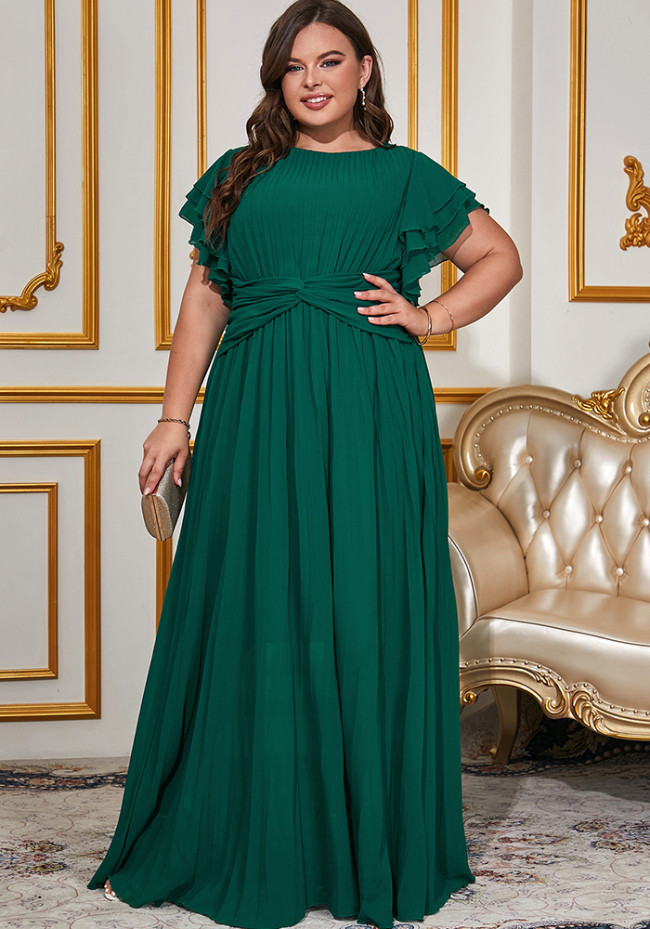 Plus Size Dark Green Elegant Round Neck Maxi Dress