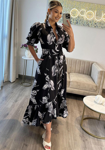 Chic Floral Printed Black Puff Sleeve Ruffle Button Long Dress