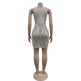 Solid Mesh Rhinestone Sleeveless Mini Dress